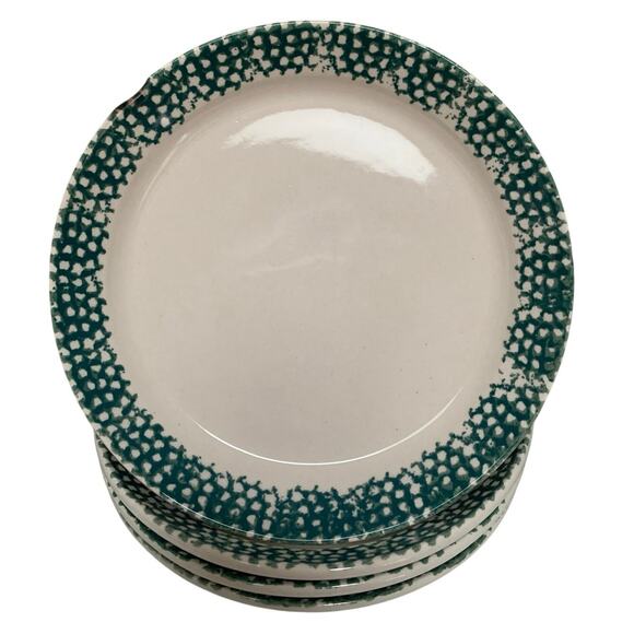 VTG Thomson Stoneware Green Sponge Pinecone Handled Soup Bowls & Plates Set of 4 - Picture 4 of 7